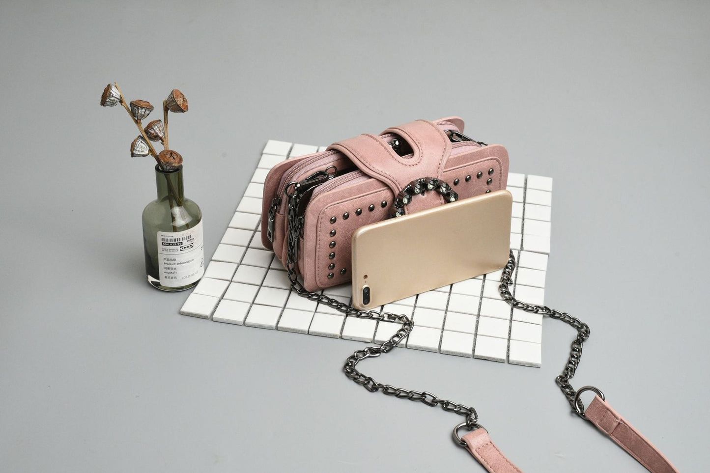 Women’s Vintage Rhinestone Chain Crossbody Bag - Mini Square Purse with Magnetic Closure
