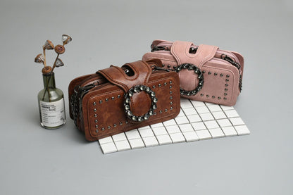 Women’s Vintage Rhinestone Chain Crossbody Bag - Mini Square Purse with Magnetic Closure