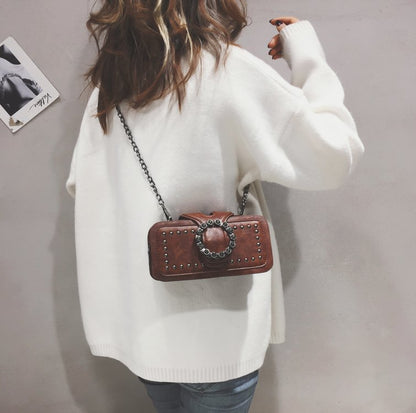 Women’s Vintage Rhinestone Chain Crossbody Bag - Mini Square Purse with Magnetic Closure