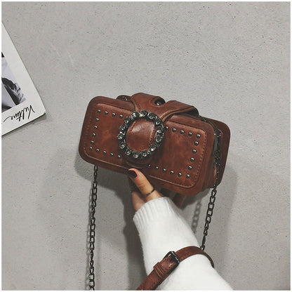 Women’s Vintage Rhinestone Chain Crossbody Bag - Mini Square Purse with Magnetic Closure