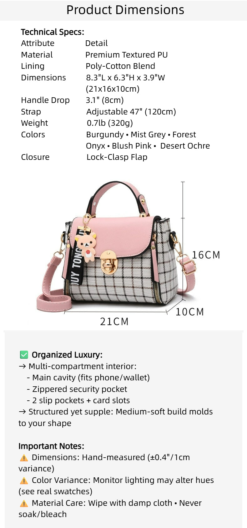 Women's Tartan-Trim Mini Crossbody - 3-Way Convertible Bag w/ Color-Block & Enamel Charms, Textured PU Small Purse